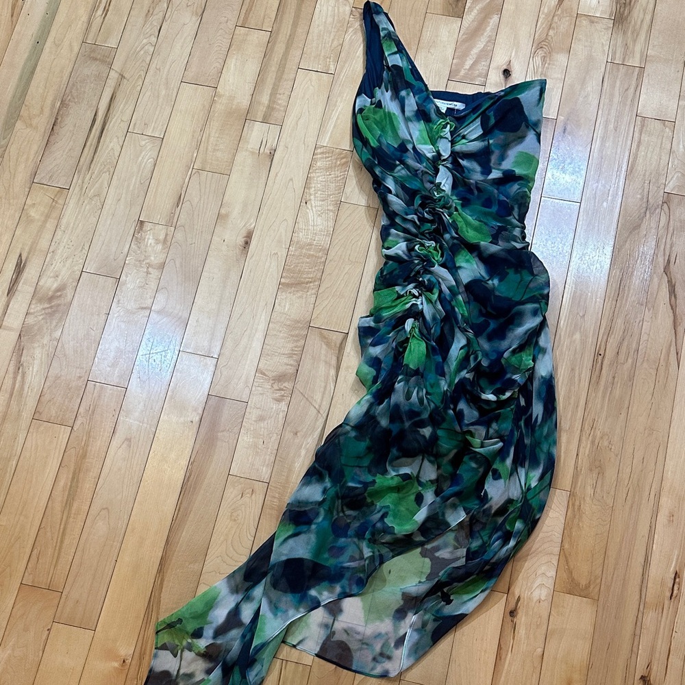 NWOT Diane Von Furstenberg Silk One Shoulder Dress in Green and Blue